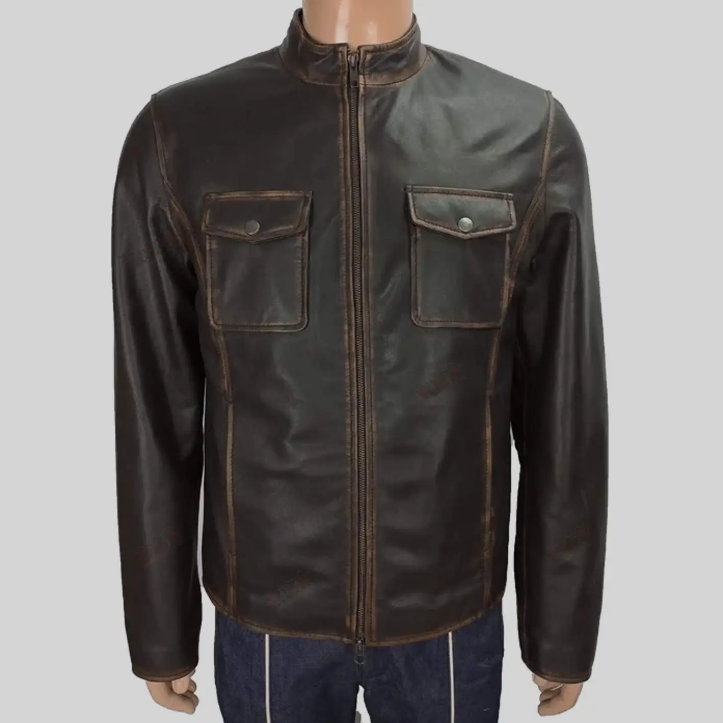 Dark Brown Distressed Leather Jacket Mens