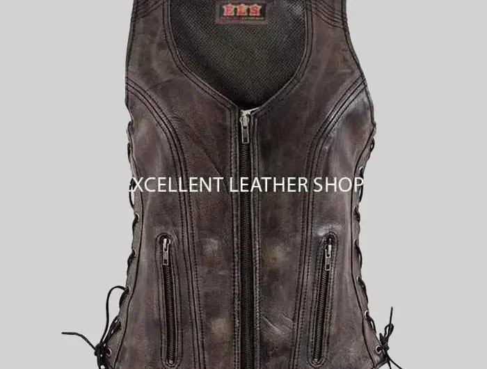 Biker Style Brown Cowhide Woman leather vest