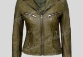 Olive Green Biker Leather Jacket Women Full Zipper Full Sleeve