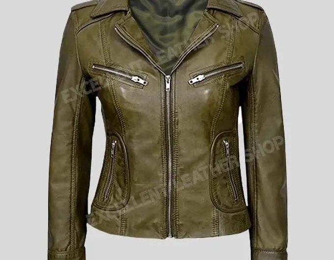 Olive Green Biker Leather Jacket Women Full Zipper Full Sleeve