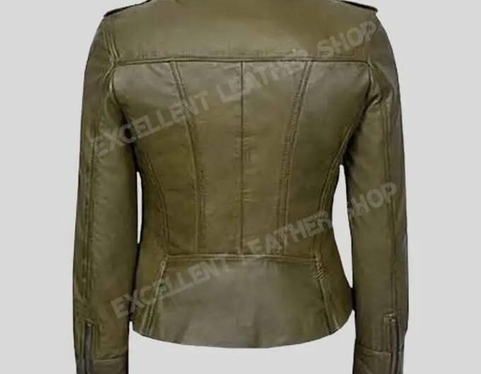 Olive Green Biker Leather Jacket Women Full Zipper Full Sleeve