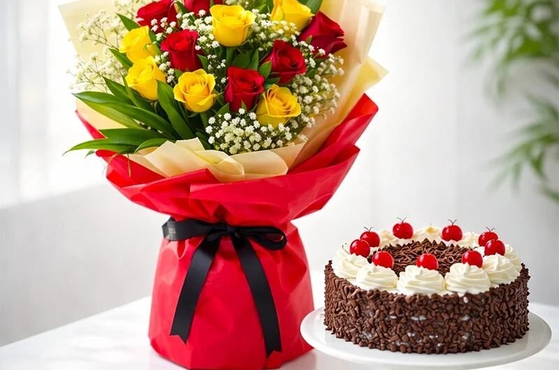 red-yellow-rose-bouquet-chocolate-cake-combo