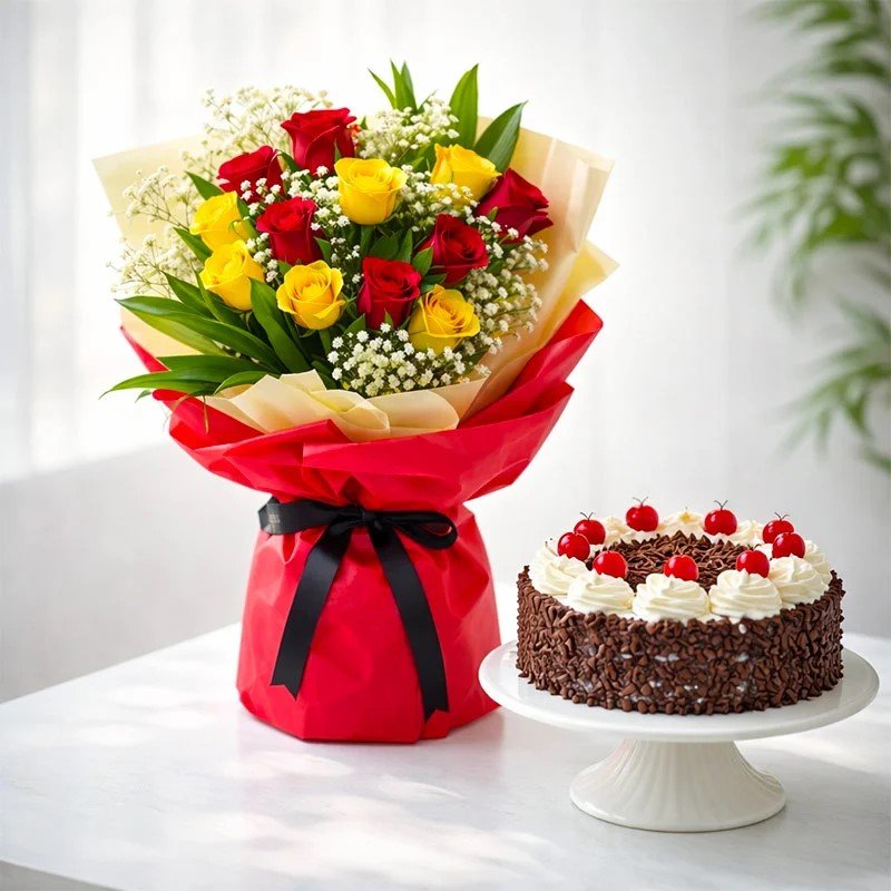 red-yellow-rose-bouquet-chocolate-cake-combo