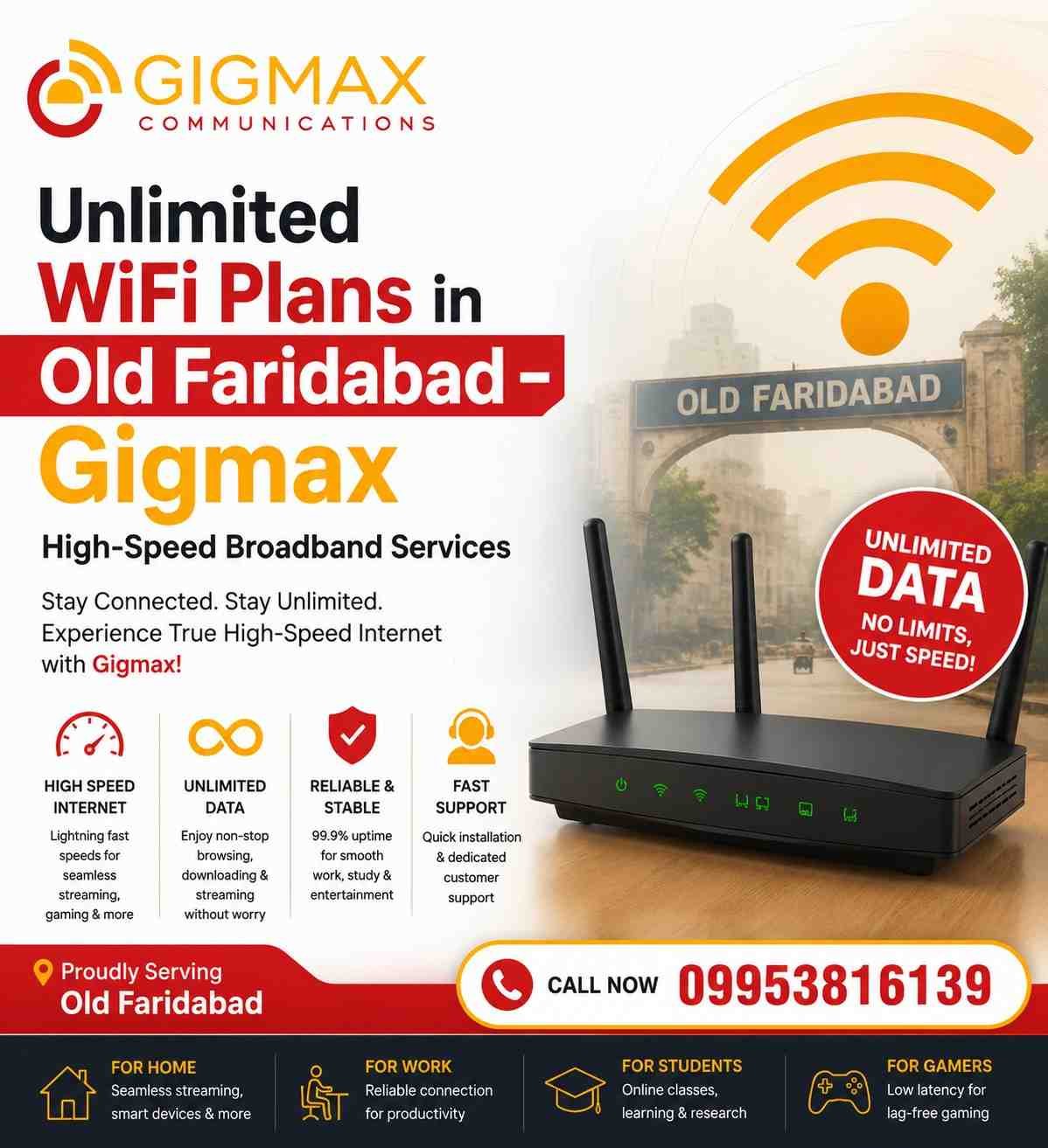 Unlimited WiFi Plans in Old Faridabad Gigmax High-Speed Broadband Services