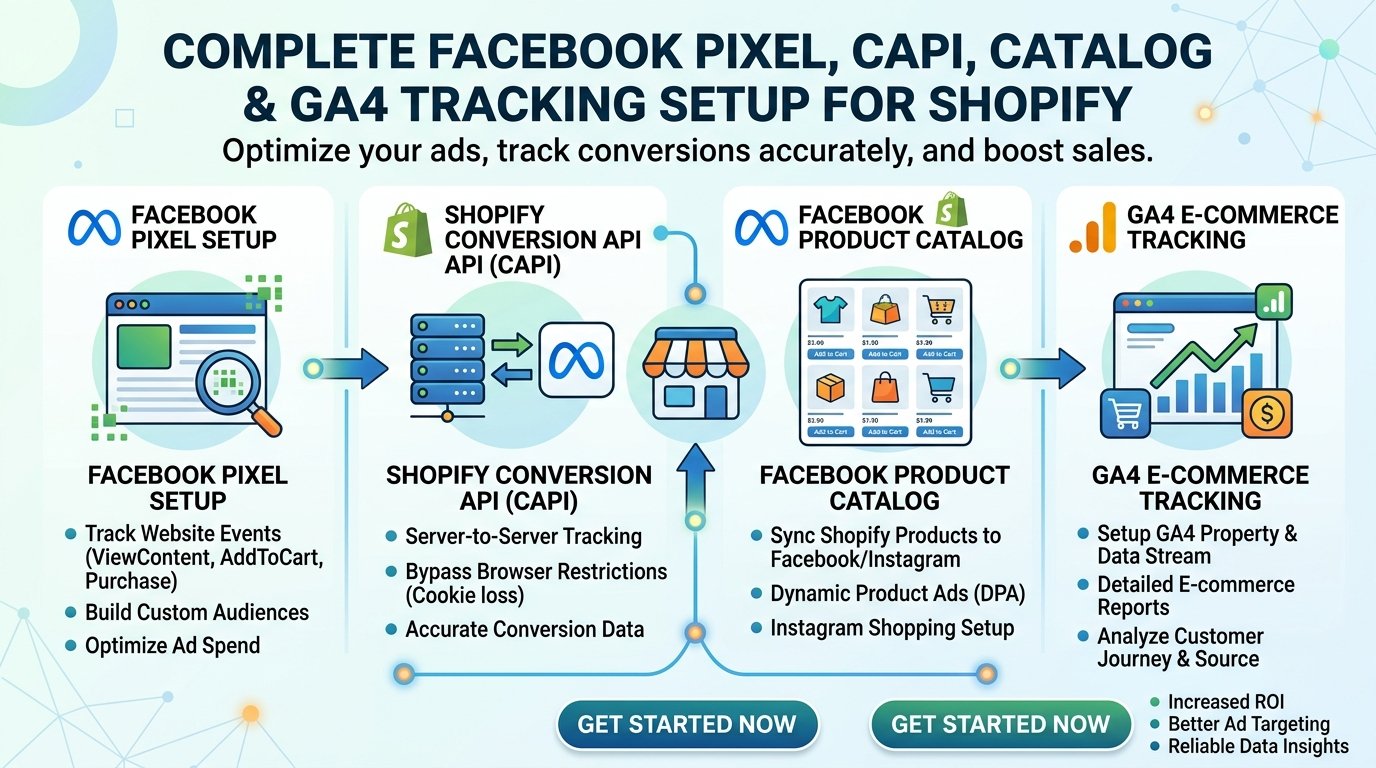I Will Setup Facebook Pixel Shopify Conversion API Catalog GA4 Tracking