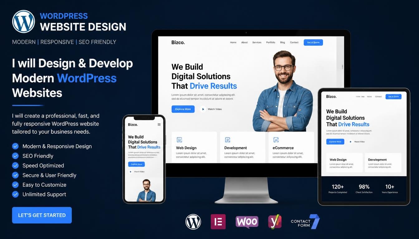 I will design modern responsive WordPress website with full development