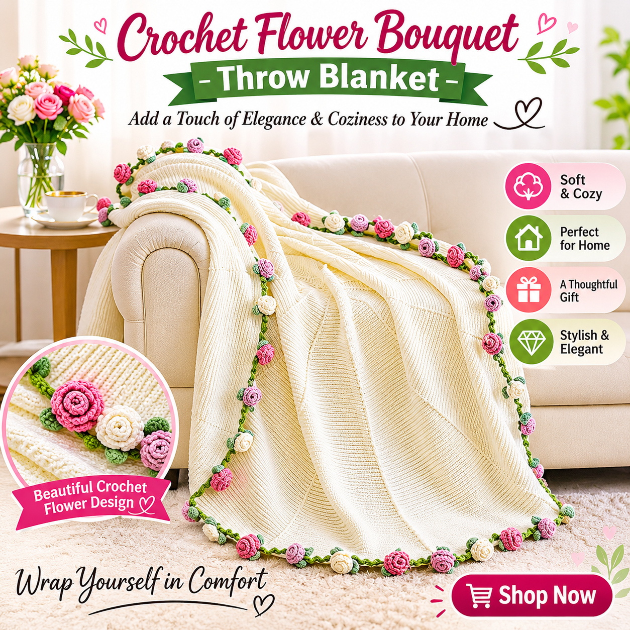 Crochet Flower Bouquet Blanket Romantic Gift for Her
