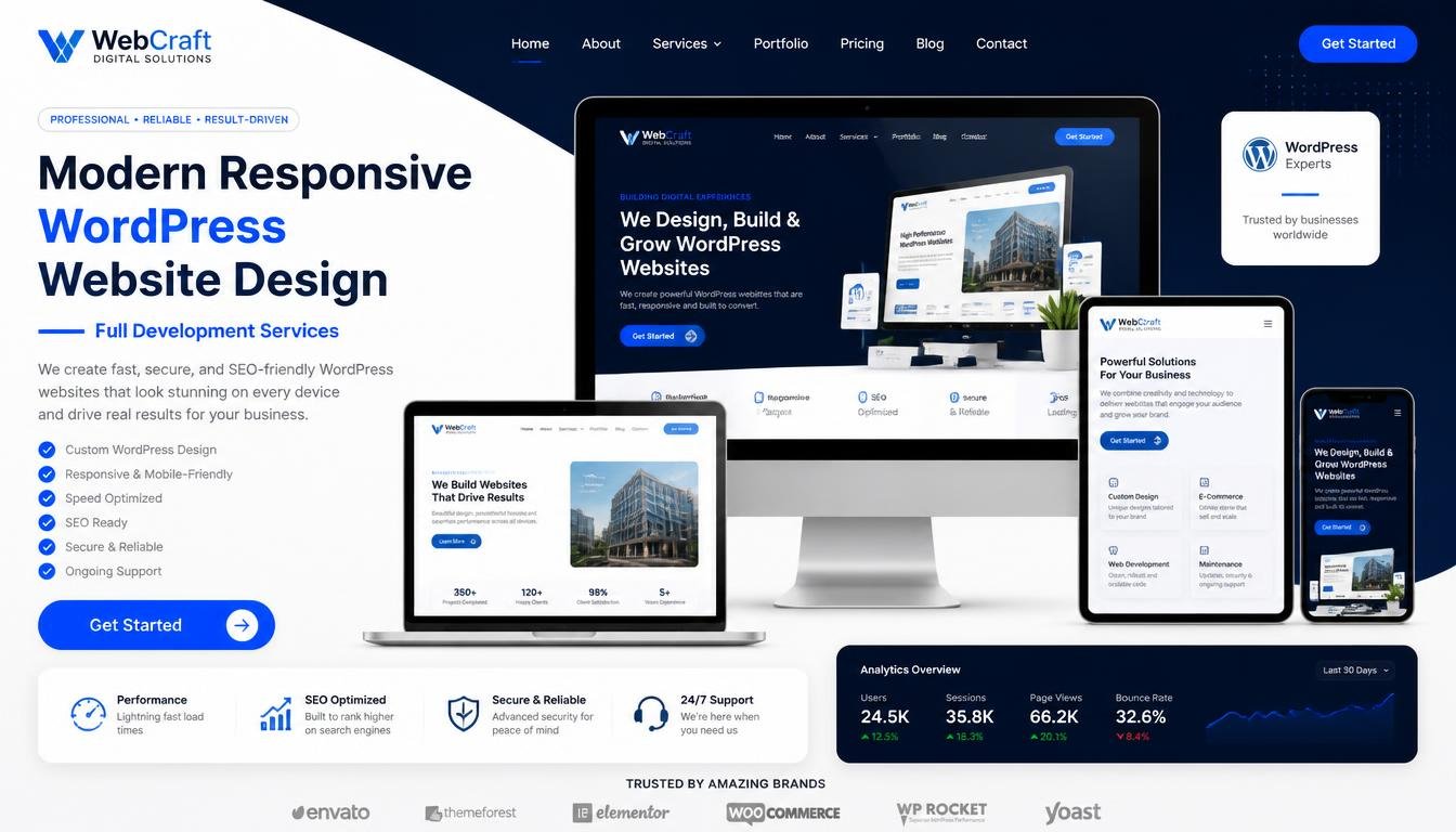 I will design modern responsive WordPress websites with full development service