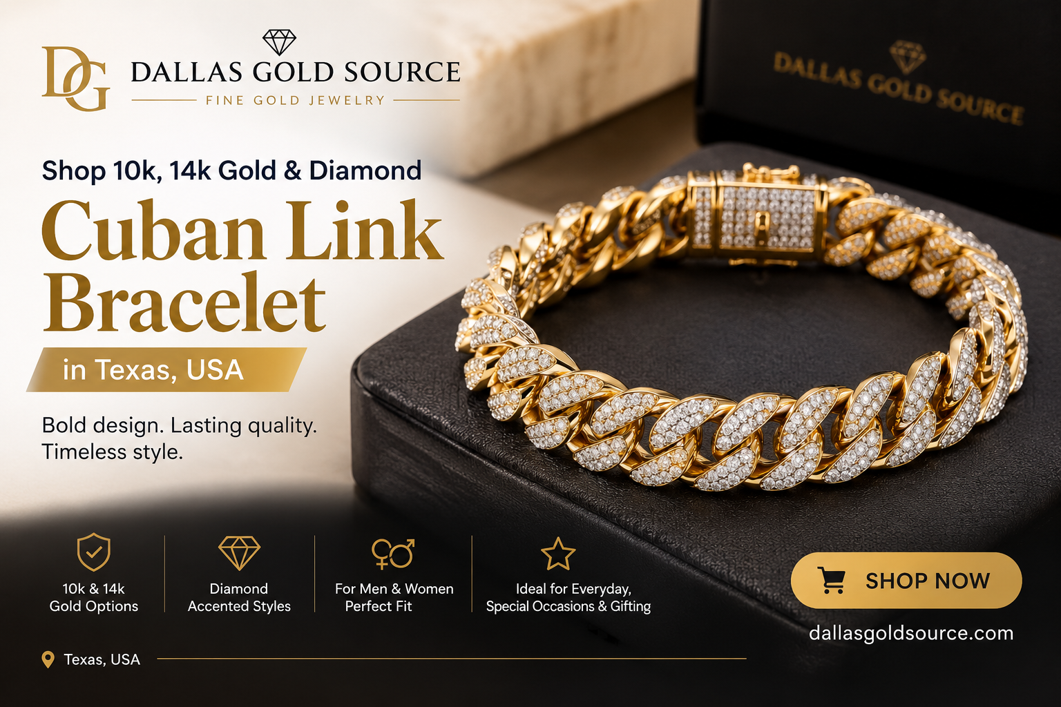 Shop 10k, 14k Gold & Diamond Cuban Link Bracelet in Texas, USA – DallasGoldSource